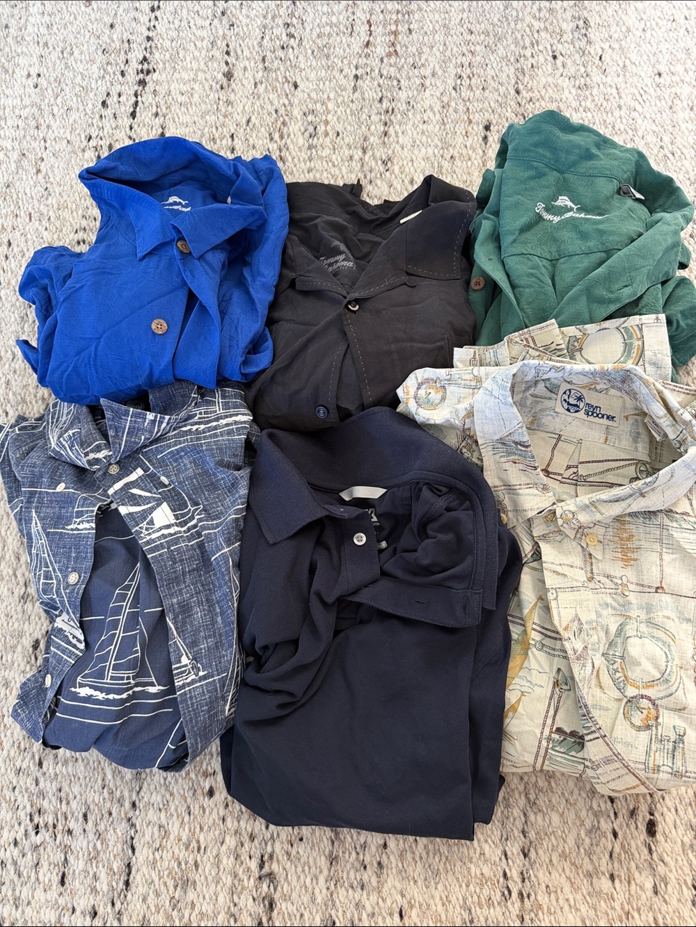 3 Tommy Bahama Men’s Shirt Lot – Blue, Black, Green, Navy, Tan Prints